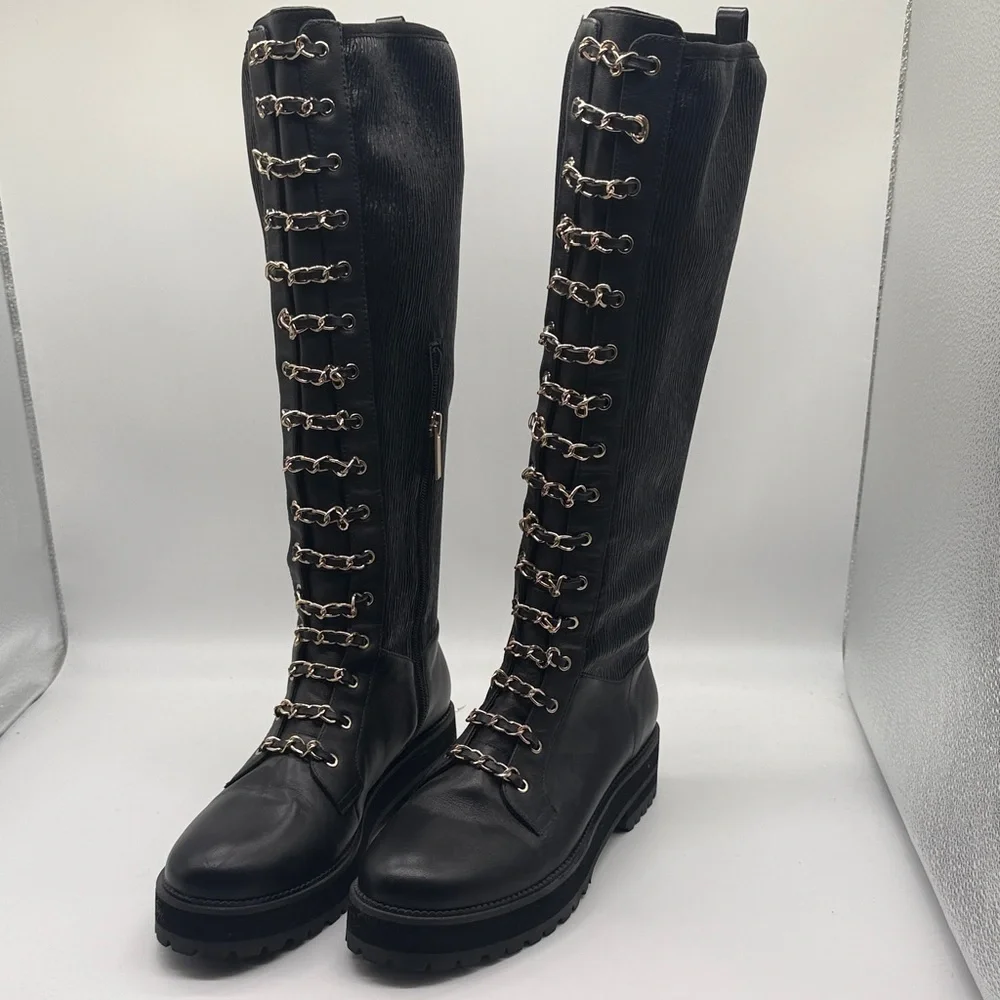 Cecelia New York Gold Chain Lace Knee High Tiny Leather Boot 8.5 Black